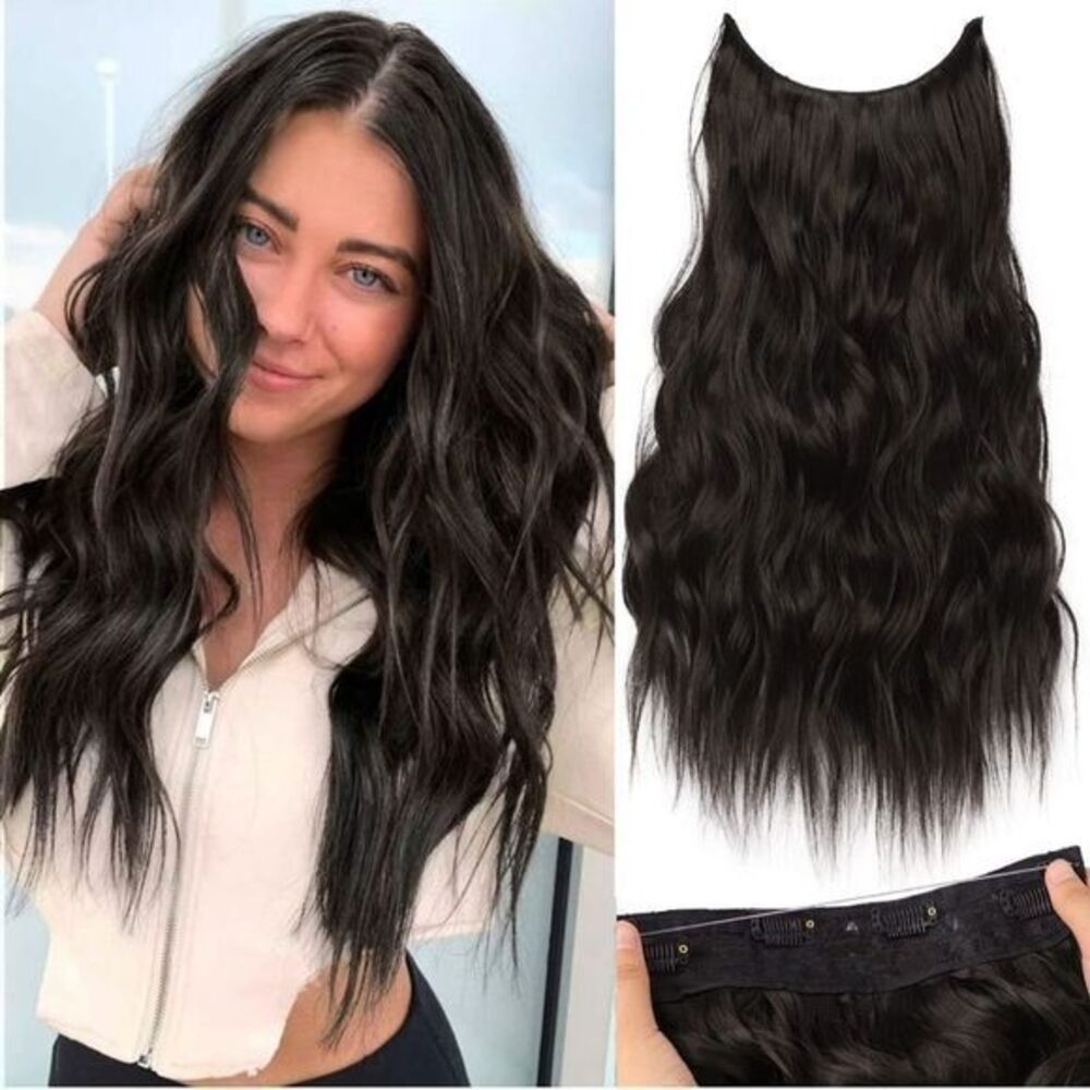 Invisible Wire Hair Extensions Adjustable Size 4 Secure Clips Long Wavy 20” Halo